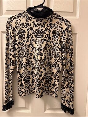 VTG Tracy M Silk Blend Damask Mock Neck Ruffled Top Cream Black Y2K M